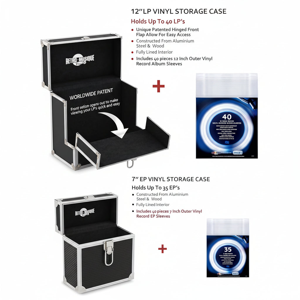 12 & 7 inch Aluminium LP & EP Vinyl Cases with 40 & 35 PP sleeves, Black