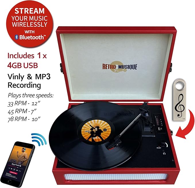 Bluetooth Table Top Turntable with 4GB USB, Red