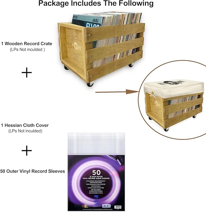 12 inch Wooden LP Crate with Wheels & Cloth Cover, Teak