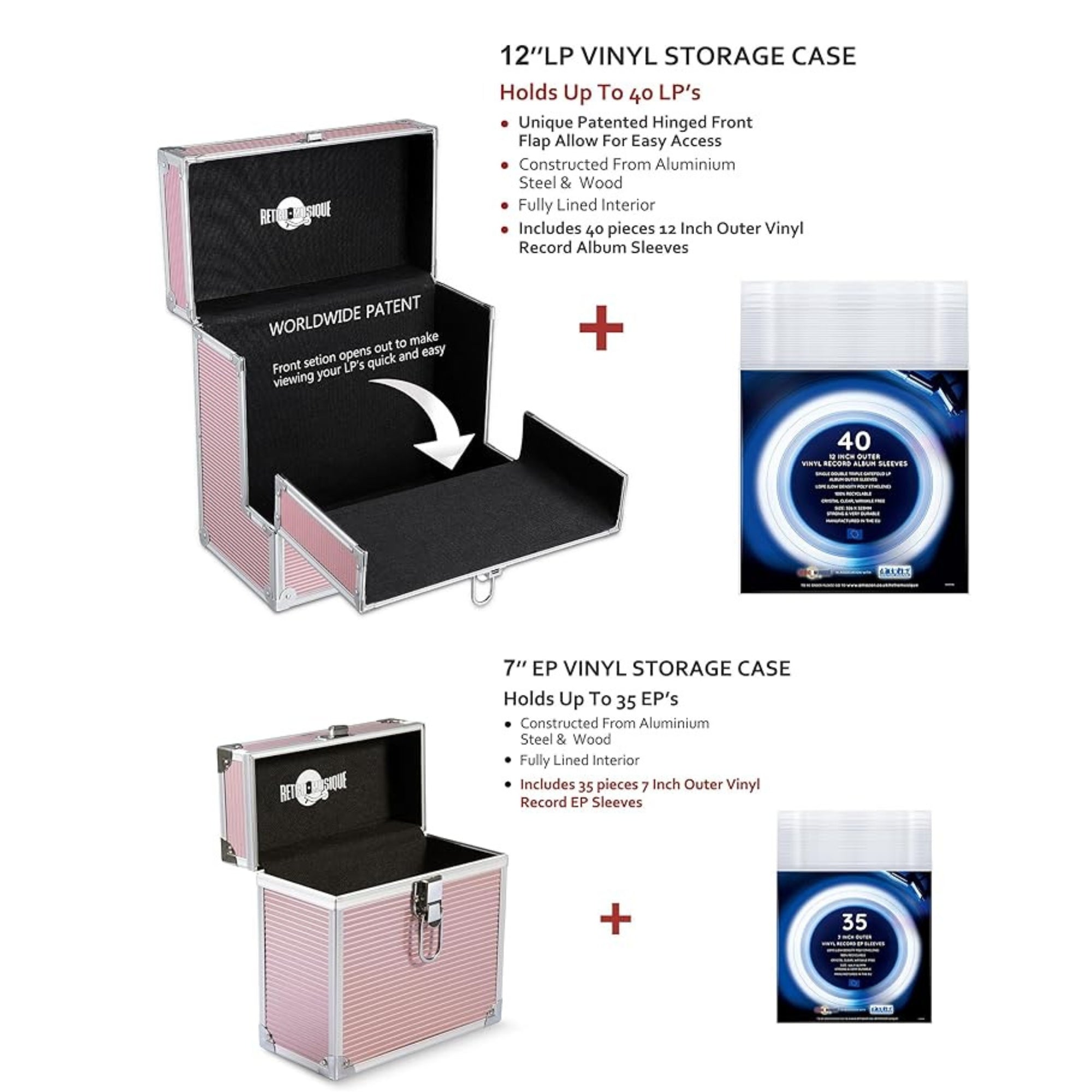 12 & 7 inch Aluminium LP & EP Vinyl Case with 40 & 35 PP sleeves, Rose Gold