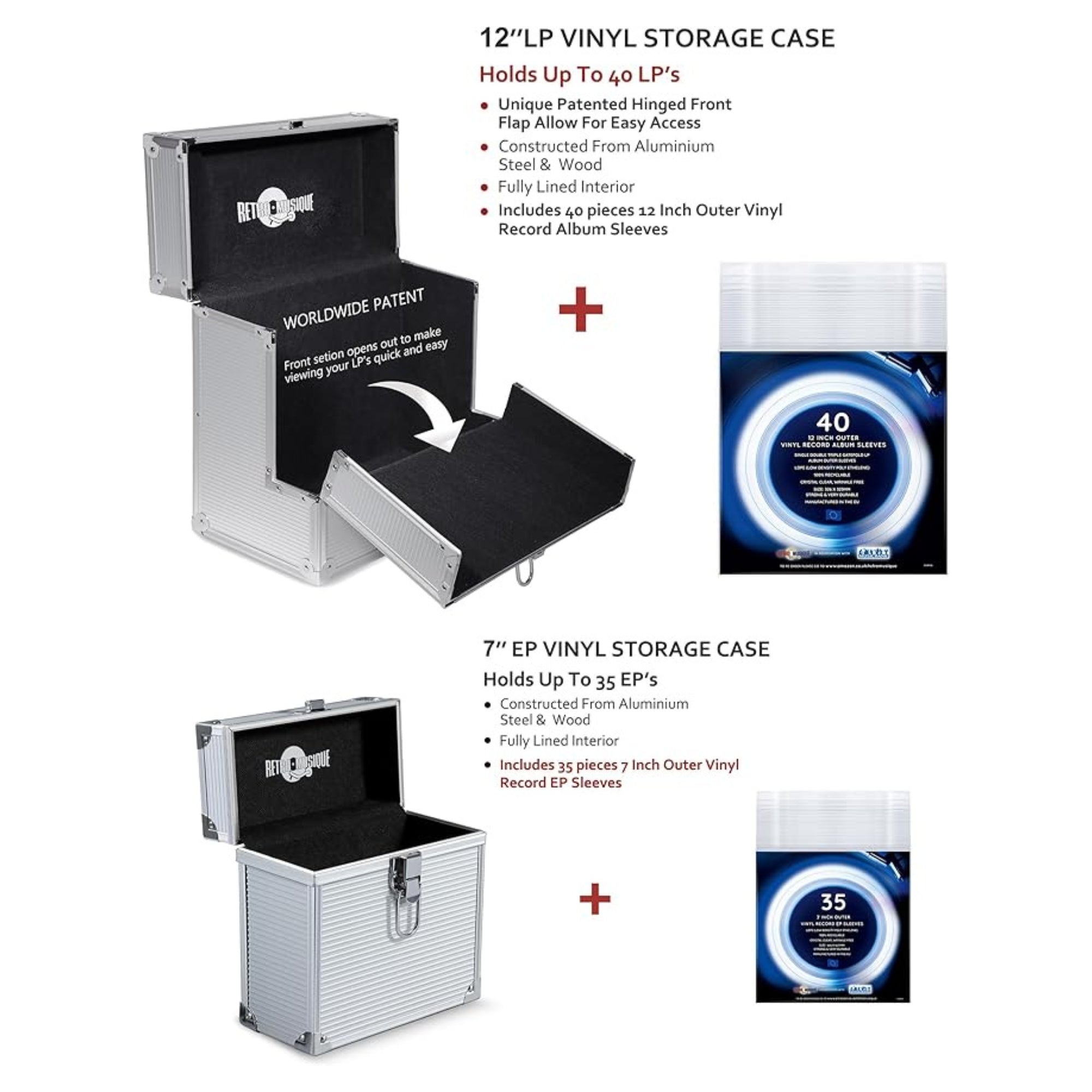 12 & 7 inch Aluminium LP & EP Vinyl Cases with 40 & 35 PP sleeves, Silver