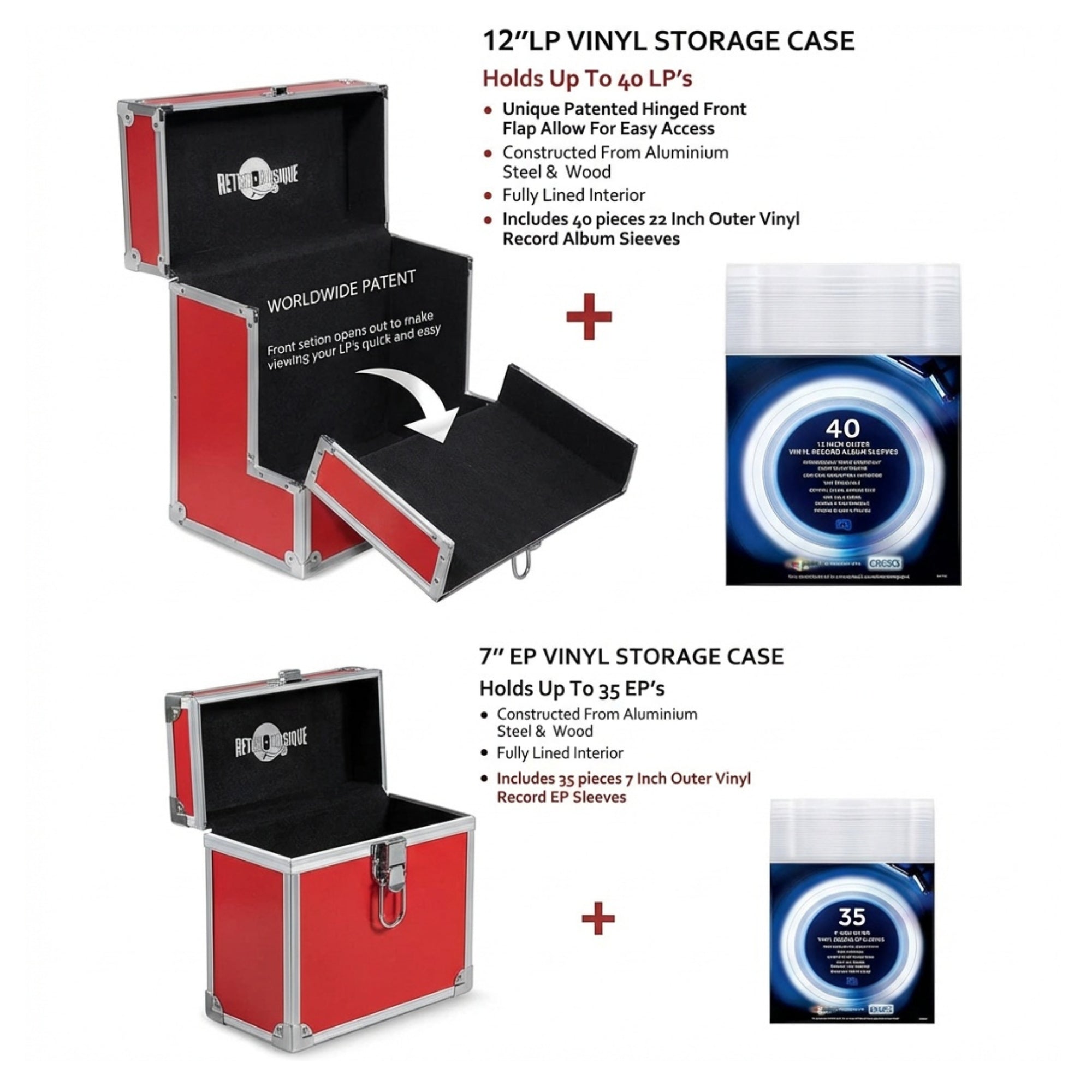 12 & 7 inch Aluminium LP & EP Vinyl Case with 40 & 35 PP sleeves, Red